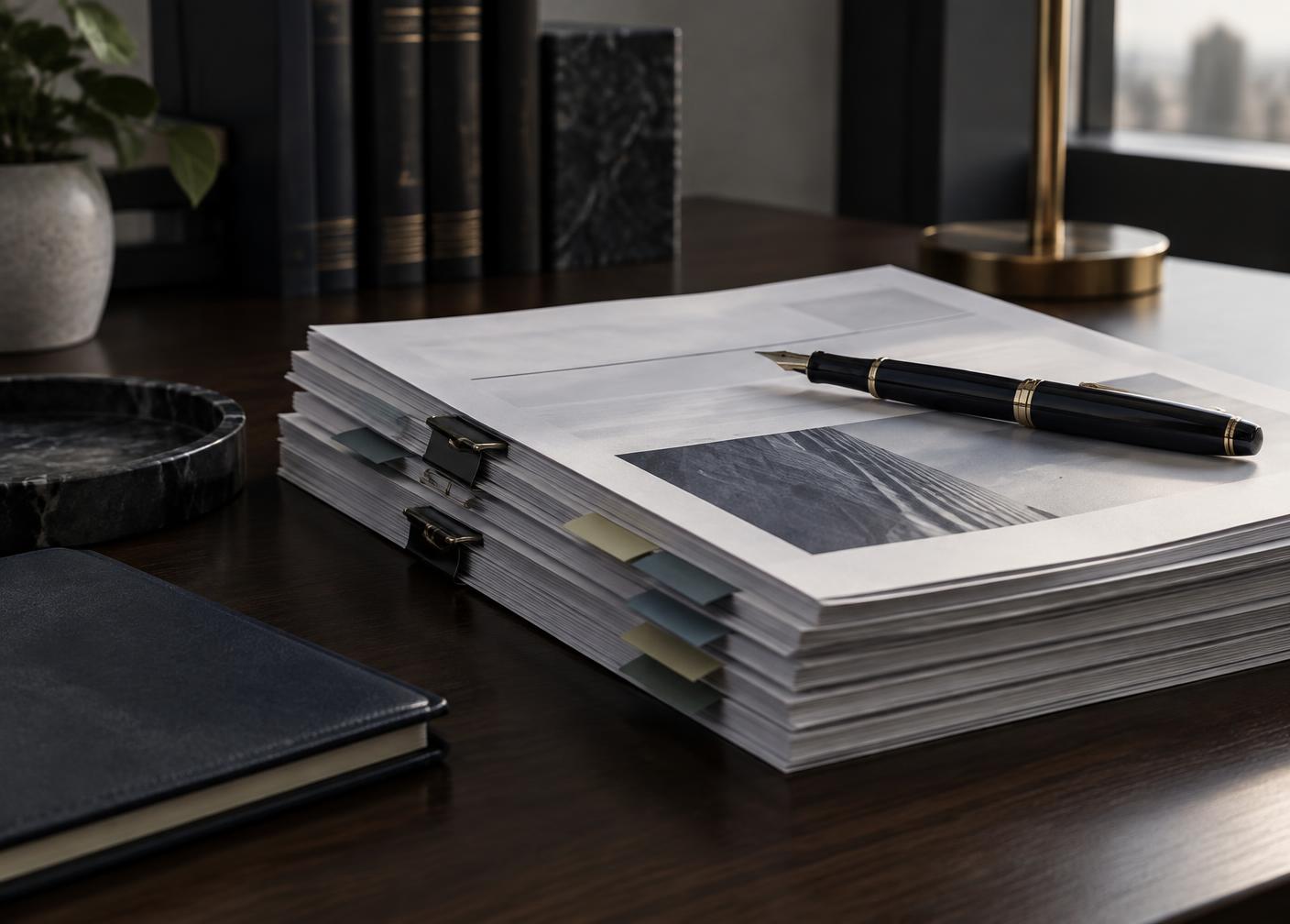 A tabbed stack of offering documents on a desk with a fountain pen resting on top